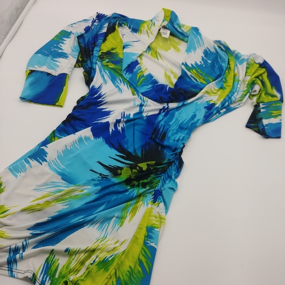 Neon Bright Colorful Bodycon Beautiful stretch cowl neck dress size small - Picture 5 of 12